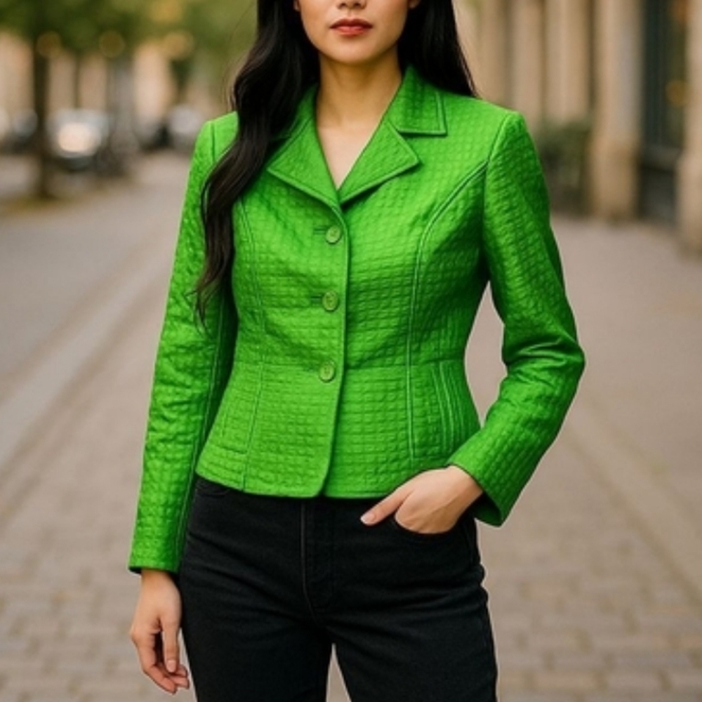 Silkland Womens Green Blazer Jacket Large Petite *Fits Like Medium*Quilted Coat